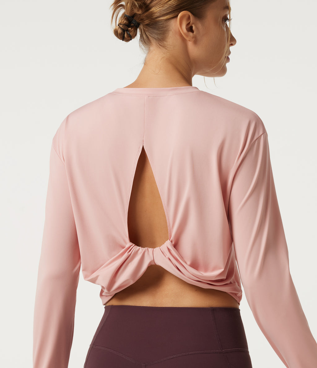 Round Neck Long Sleeve Cut Out Yoga Sports Top — Peach Whip — view 6