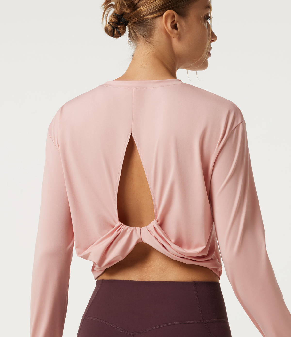 Round Neck Long Sleeve Cut Out Yoga Sports Top — Peach Whip — view 6