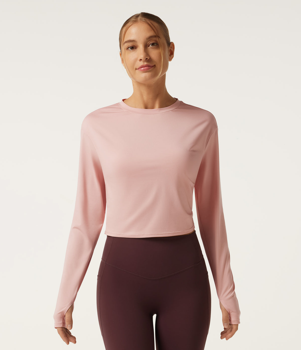 Round Neck Long Sleeve Cut Out Yoga Sports Top — Peach Whip — view 2