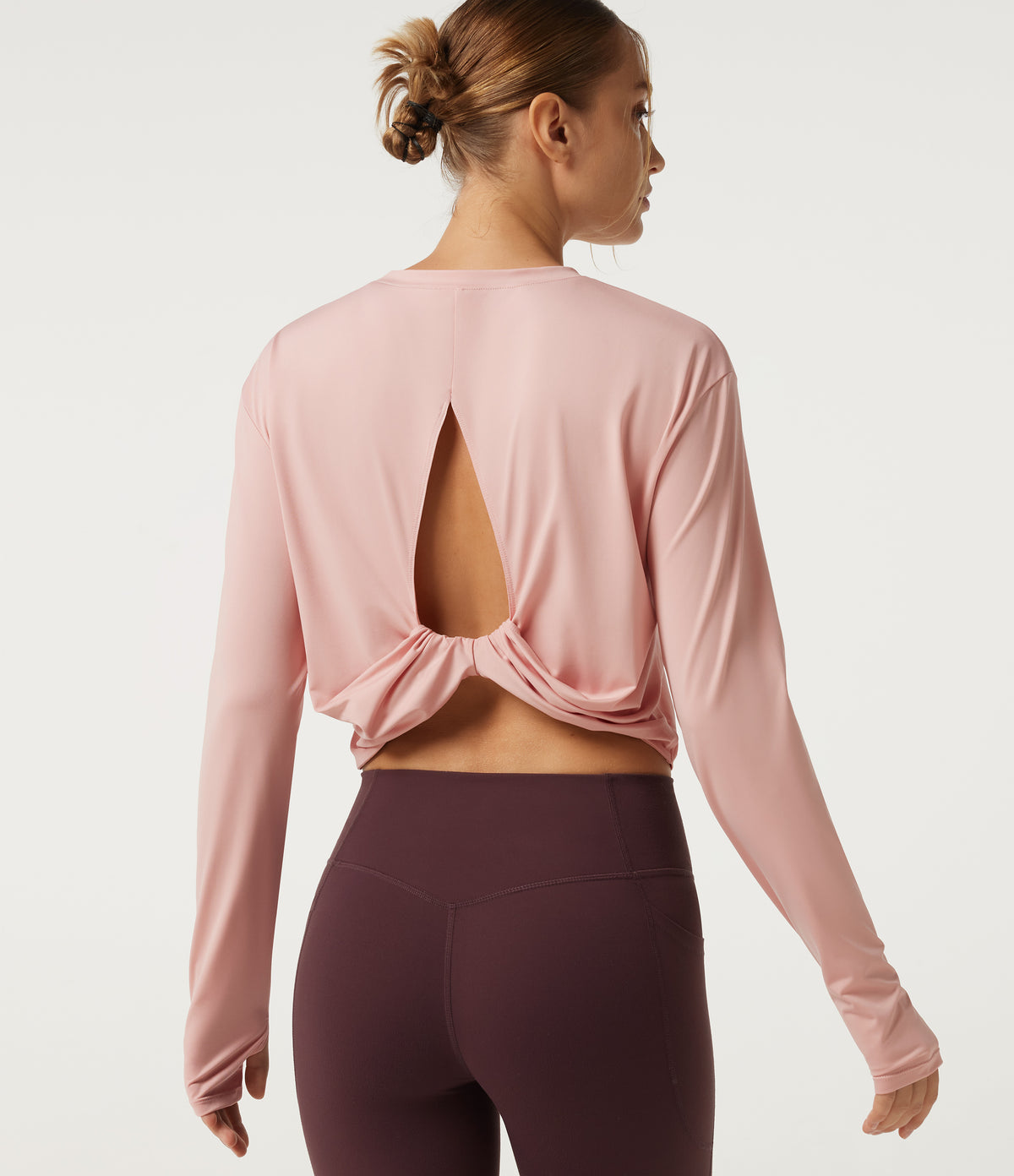 Round Neck Long Sleeve Cut Out Yoga Sports Top — Peach Whip — view 1