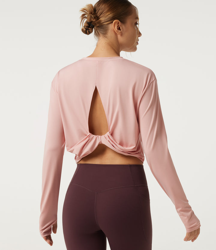 Round Neck Long Sleeve Cut Out Yoga Sports Top — Peach Whip — view 1