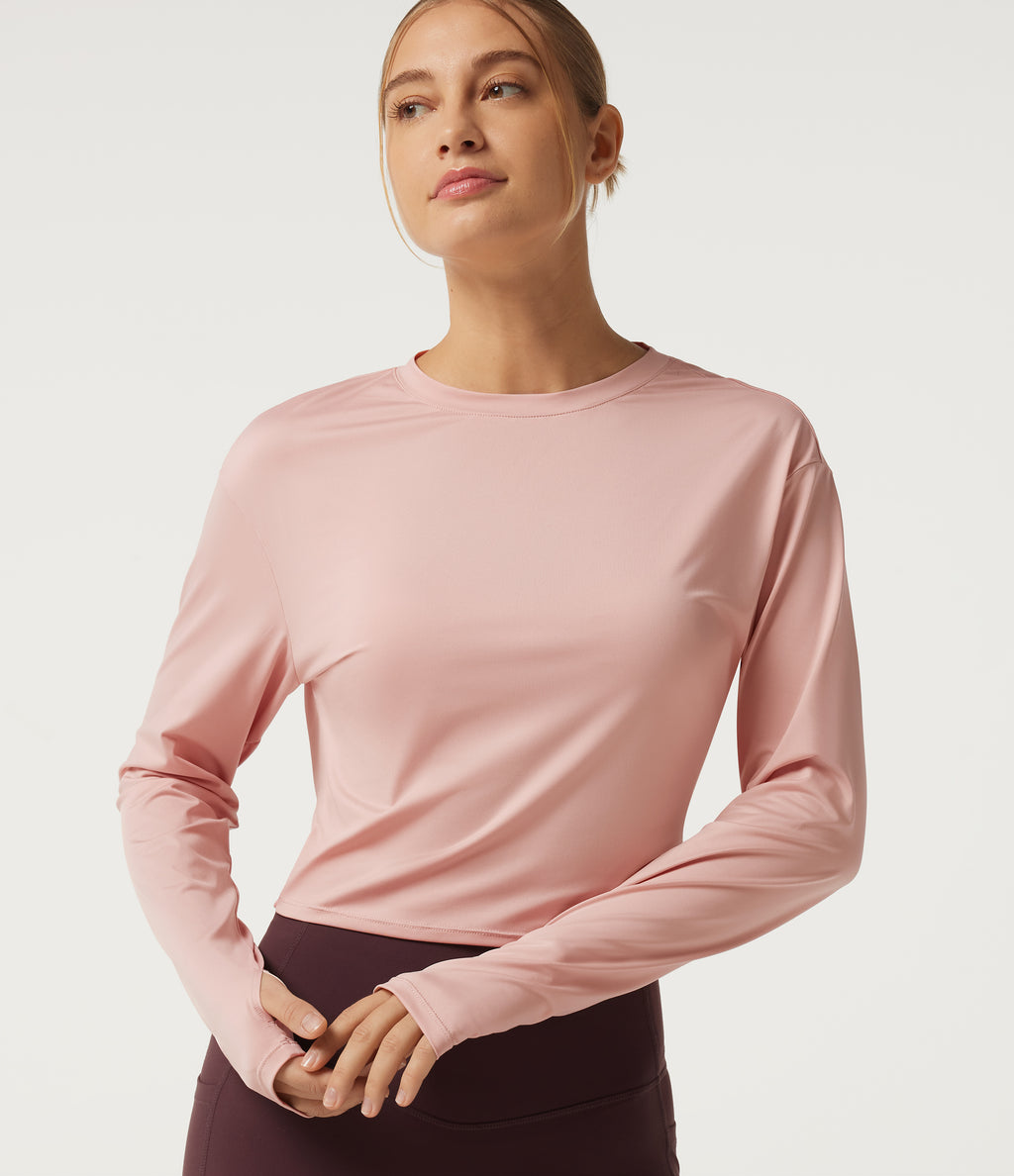 Round Neck Long Sleeve Cut Out Yoga Sports Top — Peach Whip — view 5
