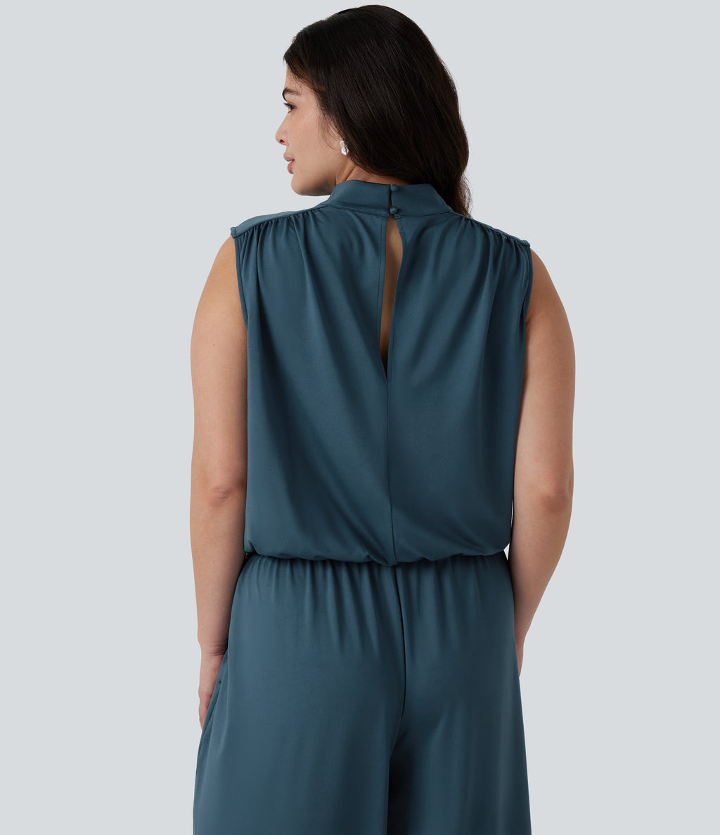 Plus Size Stand Collar Sleeveless Party Jumpsuit with Pockets-Edition — Balsam — view 6