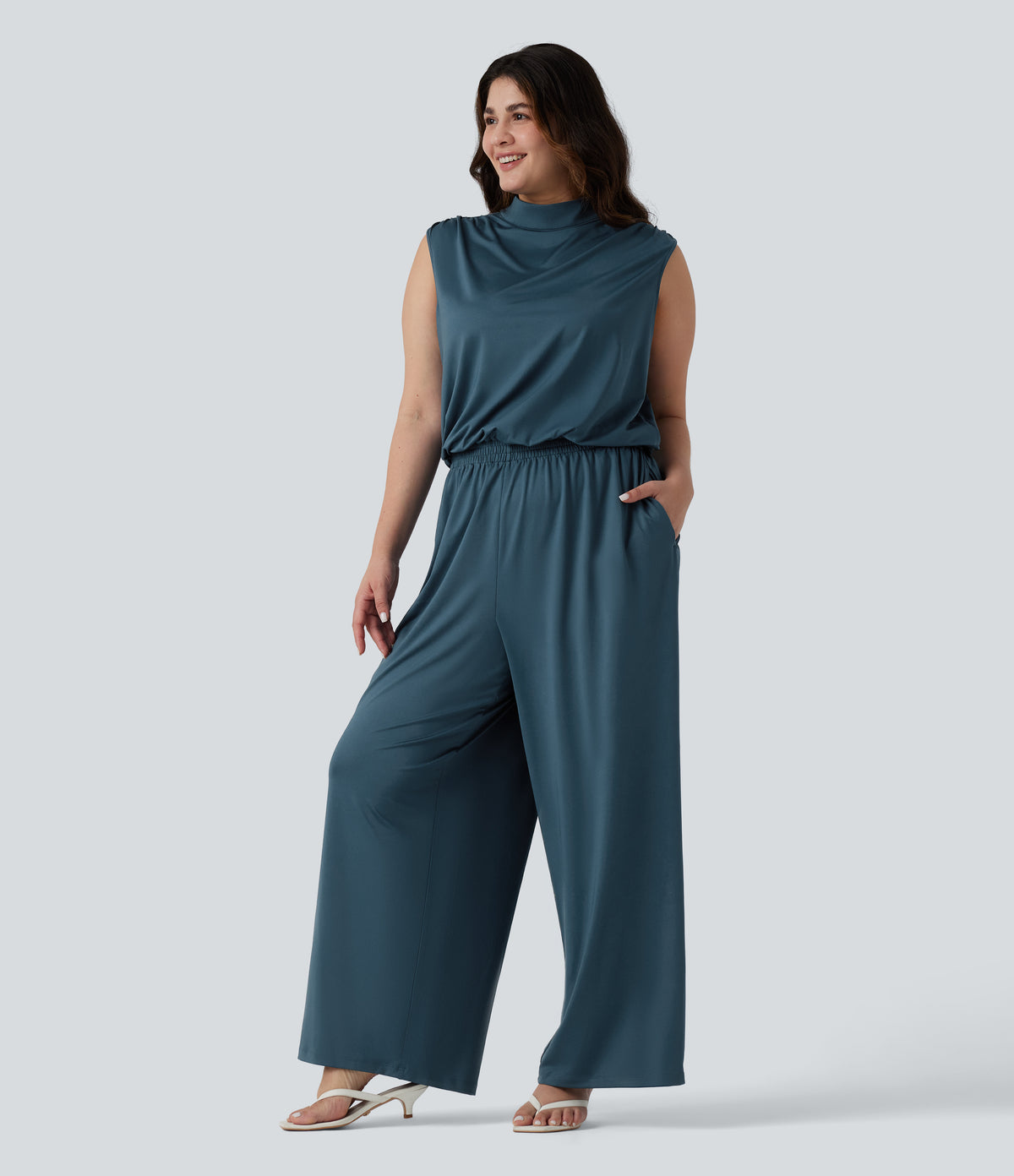 Plus Size Stand Collar Sleeveless Party Jumpsuit with Pockets-Edition — Balsam — view 3