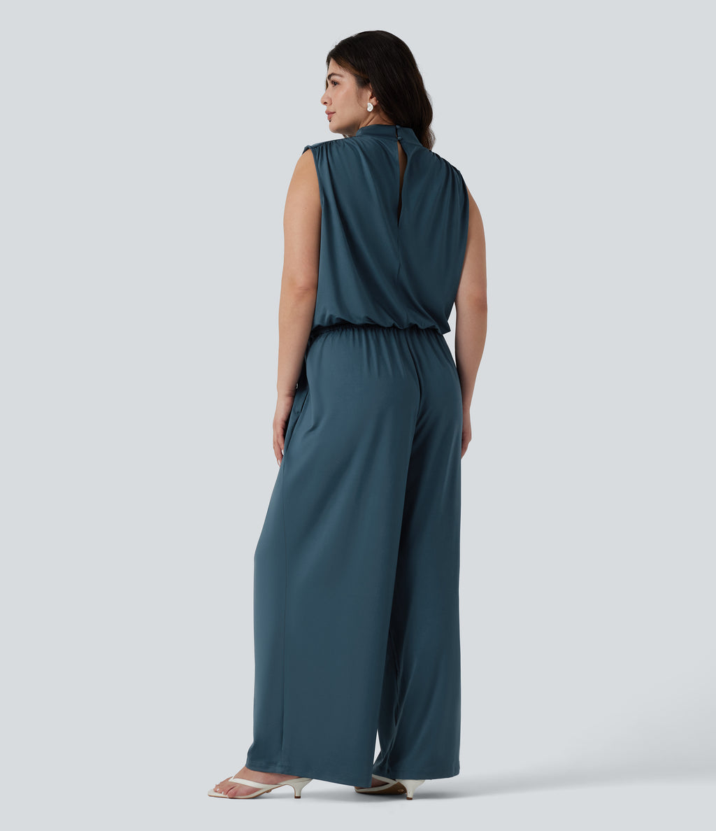 Plus Size Stand Collar Sleeveless Party Jumpsuit with Pockets-Edition — Balsam — view 2