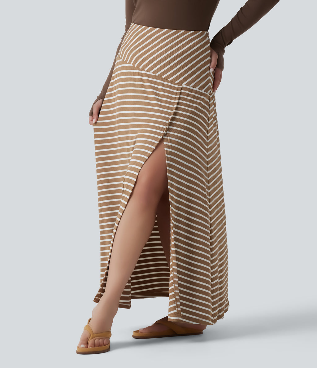 Plus Size Ribbed Knit High Waisted Split Stripe Maxi Casual Skirt with Pocket — Birch Stripe — view 3