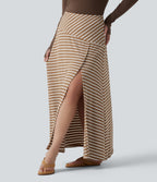 Plus Size Ribbed Knit High Waisted Split Stripe Maxi Casual Skirt with Pocket — Birch Stripe — view 3