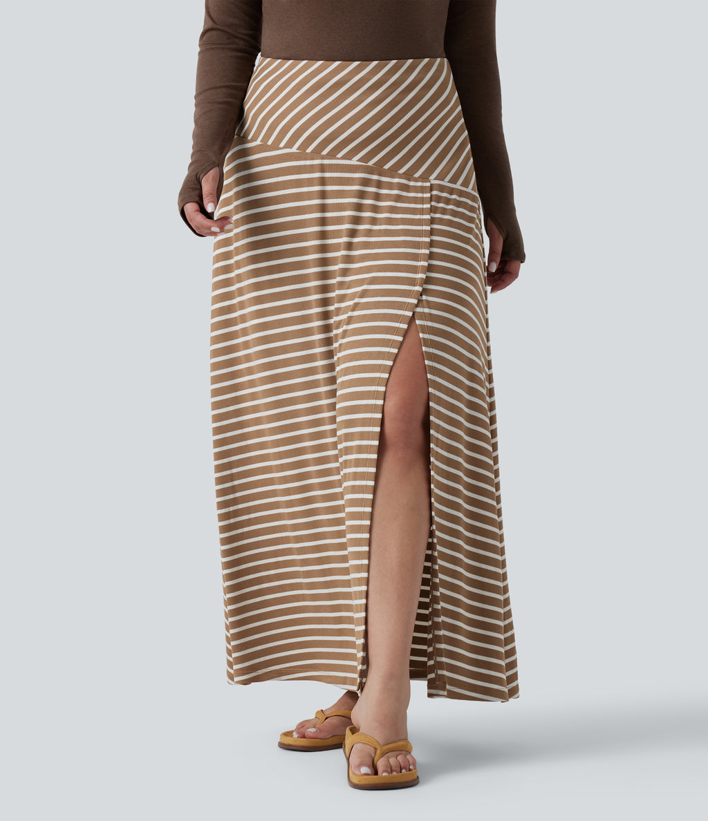 Plus Size Ribbed Knit High Waisted Split Stripe Maxi Casual Skirt with Pocket — Birch Stripe — view 1