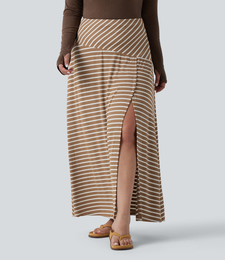 Plus Size Ribbed Knit High Waisted Split Stripe Maxi Casual Skirt with Pocket — Birch Stripe — view 1