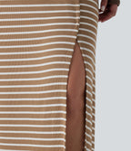 Plus Size Ribbed Knit High Waisted Split Stripe Maxi Casual Skirt with Pocket — Birch Stripe — view 5