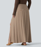 Plus Size Ribbed Knit High Waisted Split Stripe Maxi Casual Skirt with Pocket — Birch Stripe — view 2
