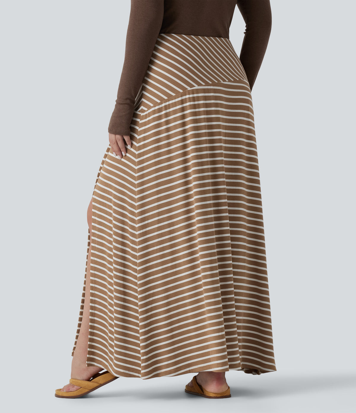 Plus Size Ribbed Knit High Waisted Split Stripe Maxi Casual Skirt with Pocket — Birch Stripe — view 2