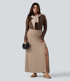 Plus Size Ribbed Knit High Waisted Split Stripe Maxi Casual Skirt with Pocket — Birch Stripe — view 6