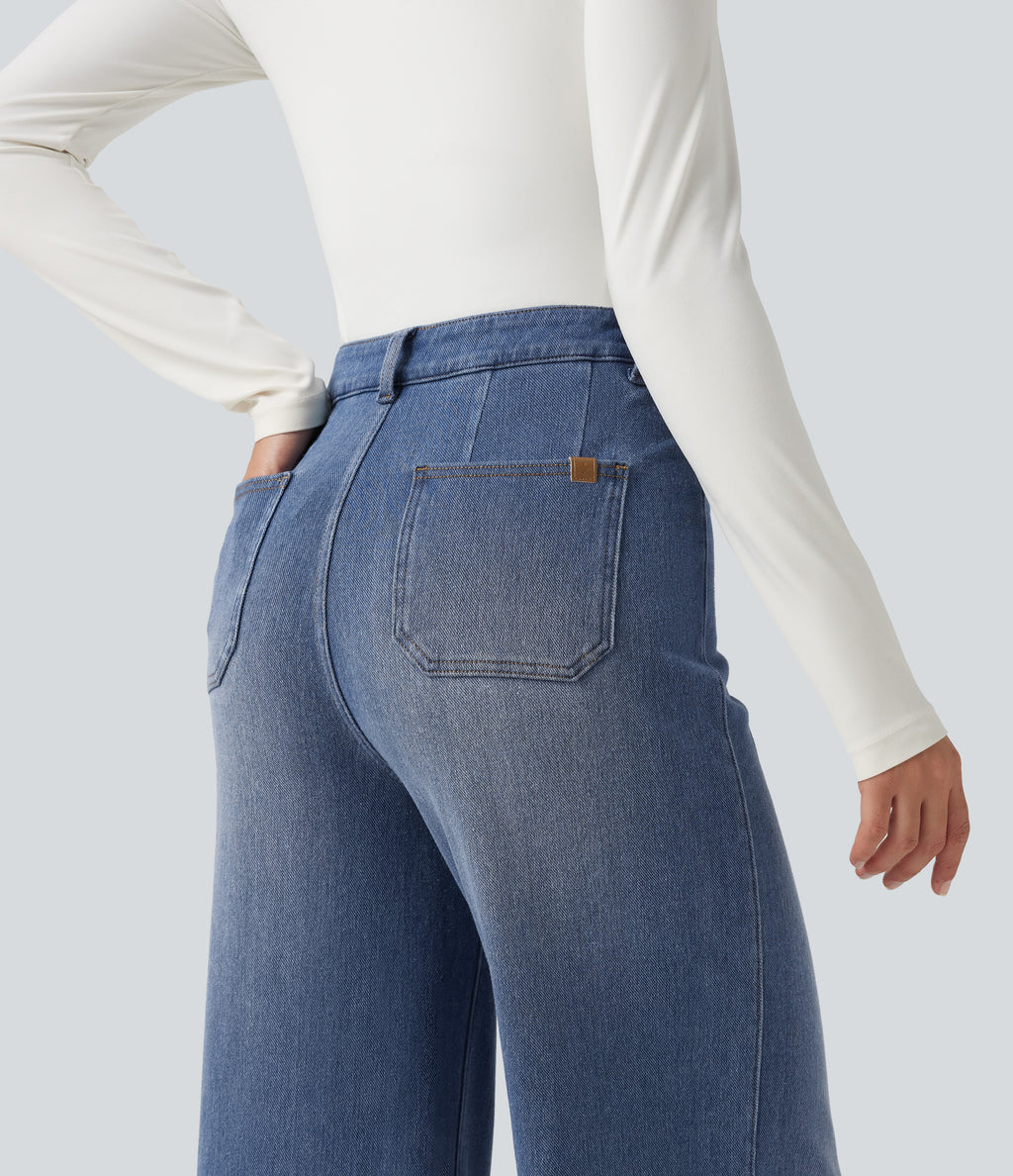 Denim Heat High Waisted Wide Leg Casual Jeans with Pockets — Tide Blue Denim — view 5