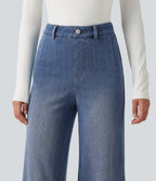 Denim Heat High Waisted Wide Leg Casual Jeans with Pockets — Tide Blue Denim — view 4