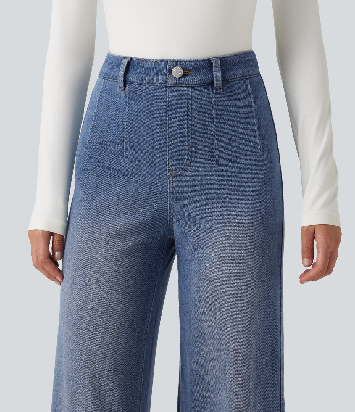 Denim Heat High Waisted Wide Leg Casual Jeans with Pockets — Tide Blue Denim — view 4