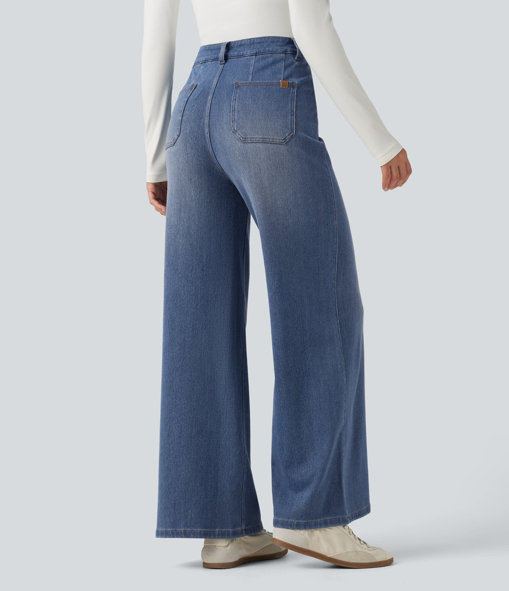Denim Heat High Waisted Wide Leg Casual Jeans with Pockets — Tide Blue Denim — view 2