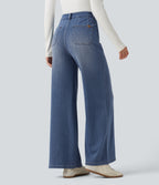 Denim Heat High Waisted Wide Leg Casual Jeans with Pockets — Tide Blue Denim — view 2