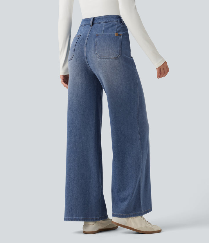 Denim Heat High Waisted Wide Leg Casual Jeans with Pockets — Tide Blue Denim — view 2