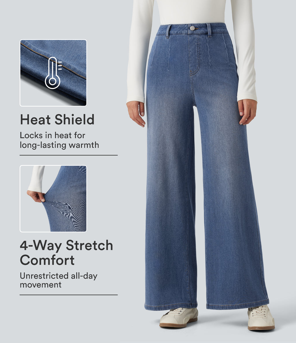Denim Heat High Waisted Wide Leg Casual Jeans with Pockets — Tide Blue Denim — view 1