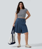 Plus Size High Waisted Baggy Denim Casual Shorts 10" with Pockets — Estate Blue Denim — view 6