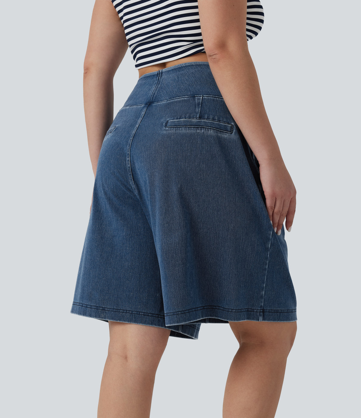 Plus Size High Waisted Baggy Denim Casual Shorts 10" with Pockets — Estate Blue Denim — view 2