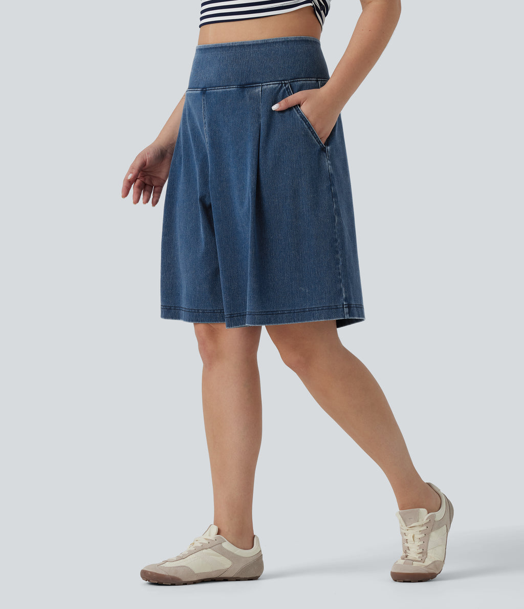 Plus Size High Waisted Baggy Denim Casual Shorts 10" with Pockets — Estate Blue Denim — view 3