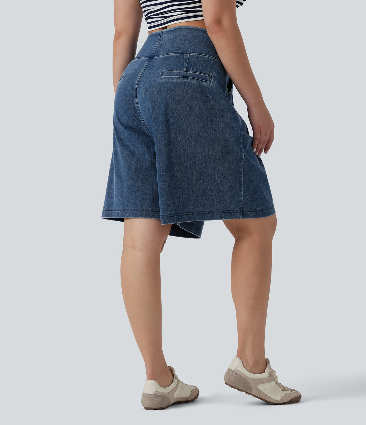 Plus Size High Waisted Baggy Denim Casual Shorts 10" with Pockets — Estate Blue Denim — view 5