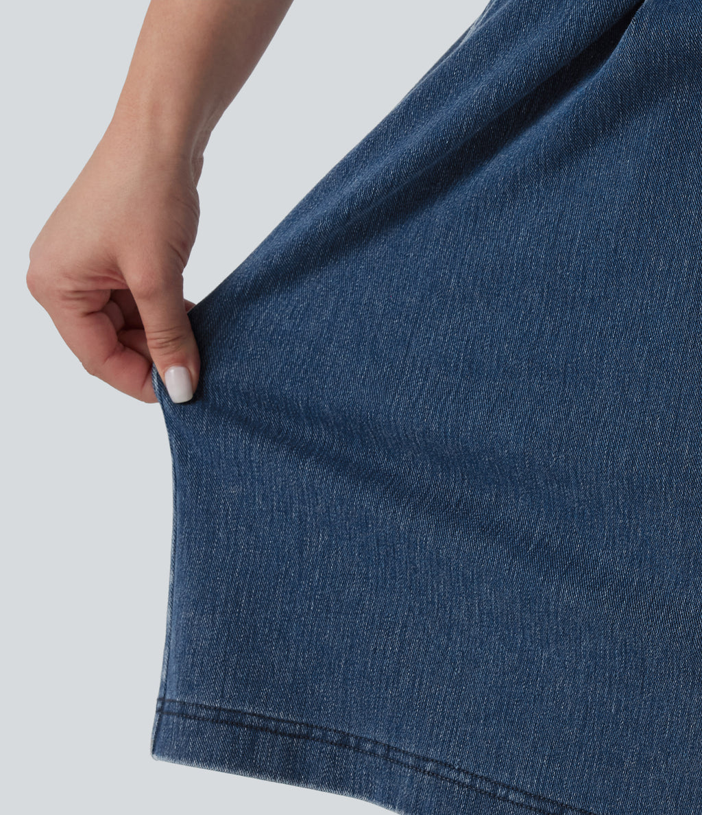 Plus Size High Waisted Baggy Denim Casual Shorts 10" with Pockets — Estate Blue Denim — view 7