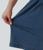 Plus Size High Waisted Baggy Denim Casual Shorts 10" with Pockets — Estate Blue Denim — view 7