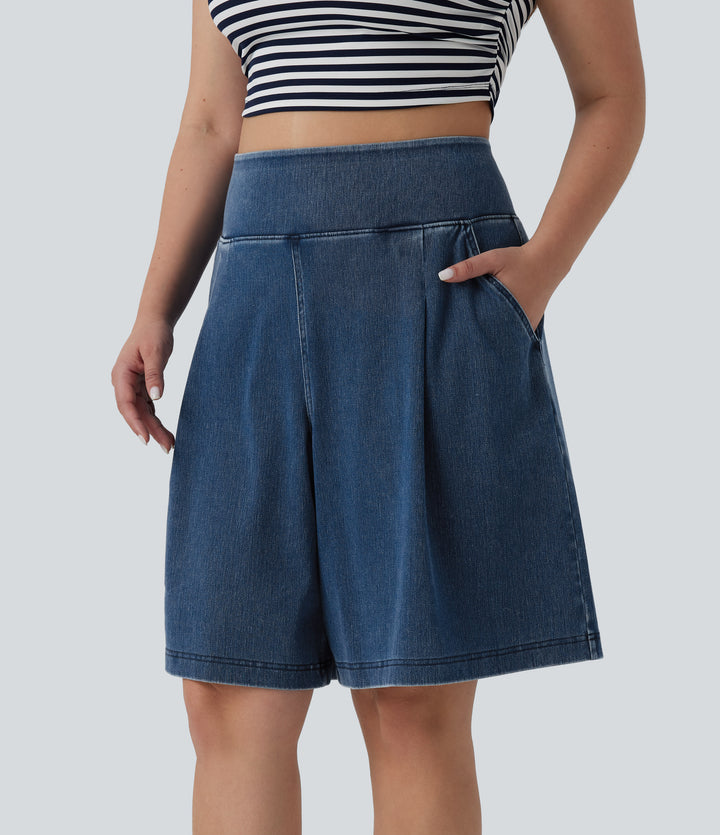 Plus Size High Waisted Baggy Denim Casual Shorts 10" with Pockets — Estate Blue Denim — view 1