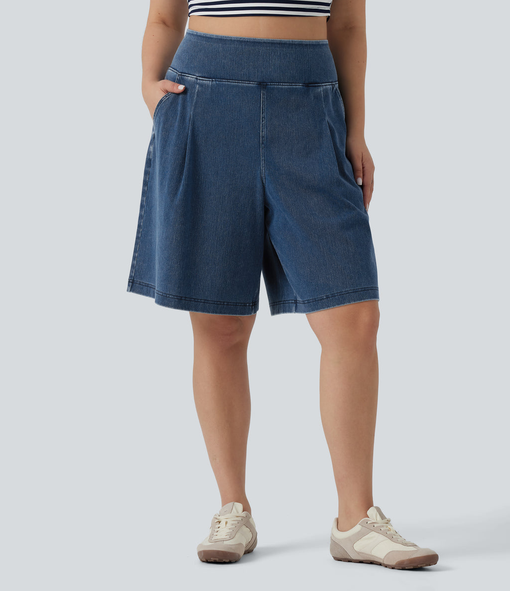 Plus Size High Waisted Baggy Denim Casual Shorts 10" with Pockets — Estate Blue Denim — view 4