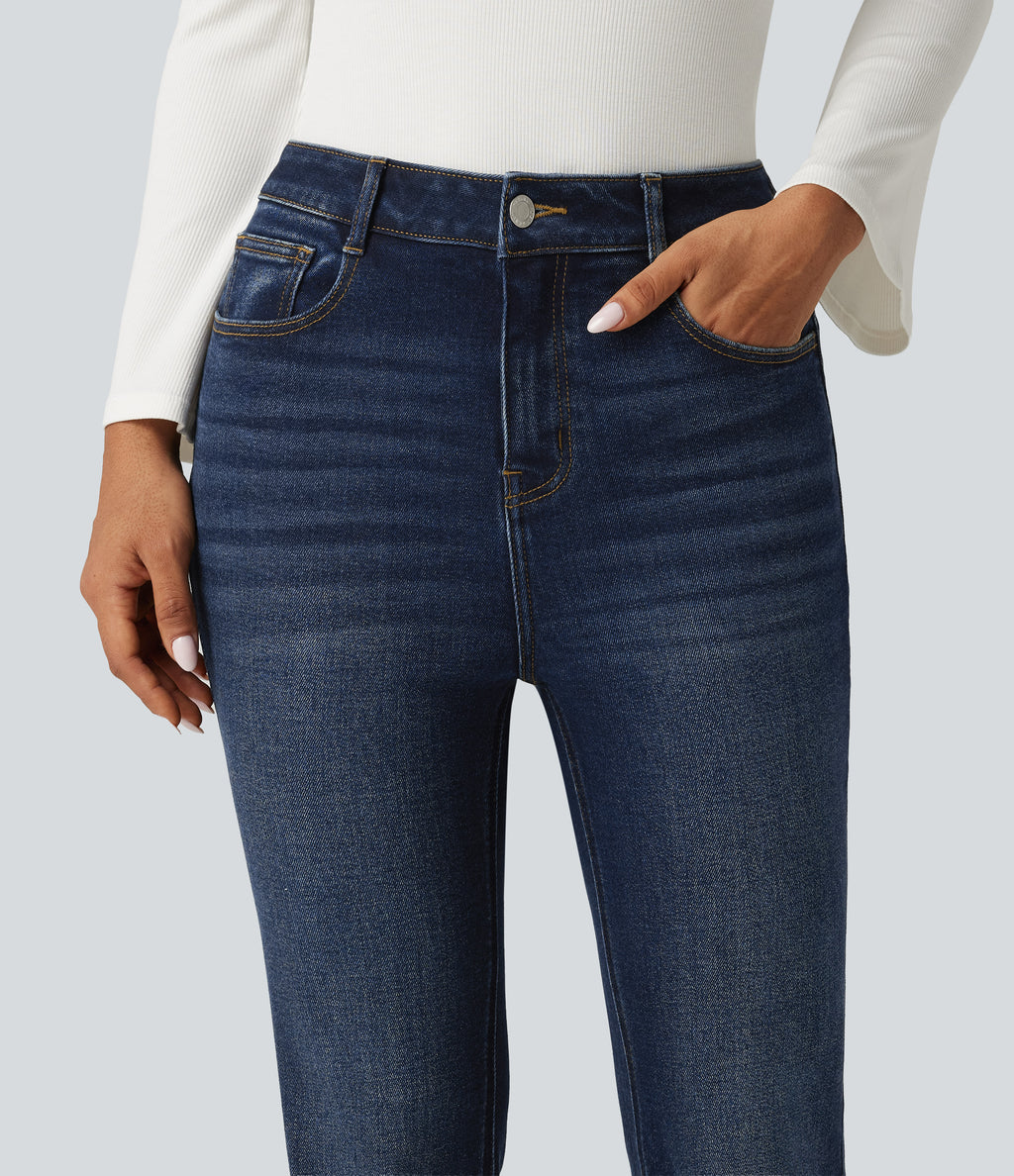 High Waisted Bootcut Raw Hem Casual Jeans with Pockets — Estate Blue Denim — view 4