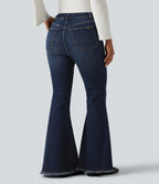 High Waisted Bootcut Raw Hem Casual Jeans with Pockets — Estate Blue Denim — view 2