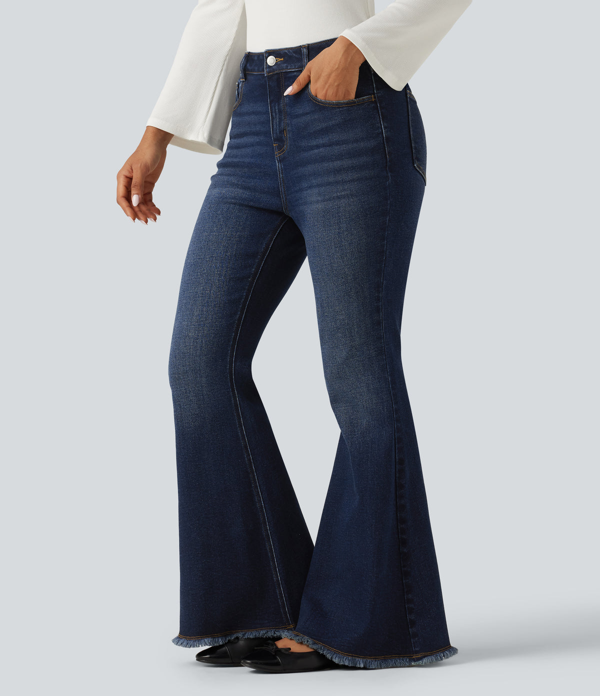 High Waisted Bootcut Raw Hem Casual Jeans with Pockets — Estate Blue Denim — view 3