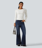 High Waisted Bootcut Raw Hem Casual Jeans with Pockets — Estate Blue Denim — view 7