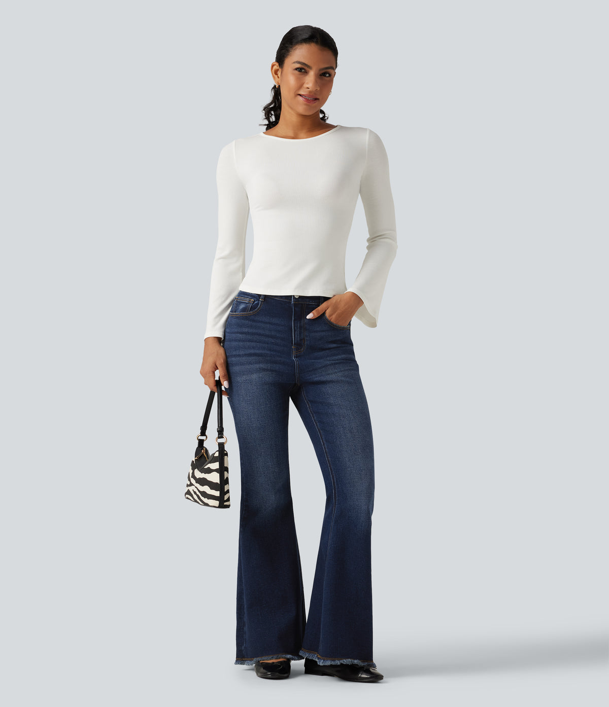 High Waisted Bootcut Raw Hem Casual Jeans with Pockets — Estate Blue Denim — view 7