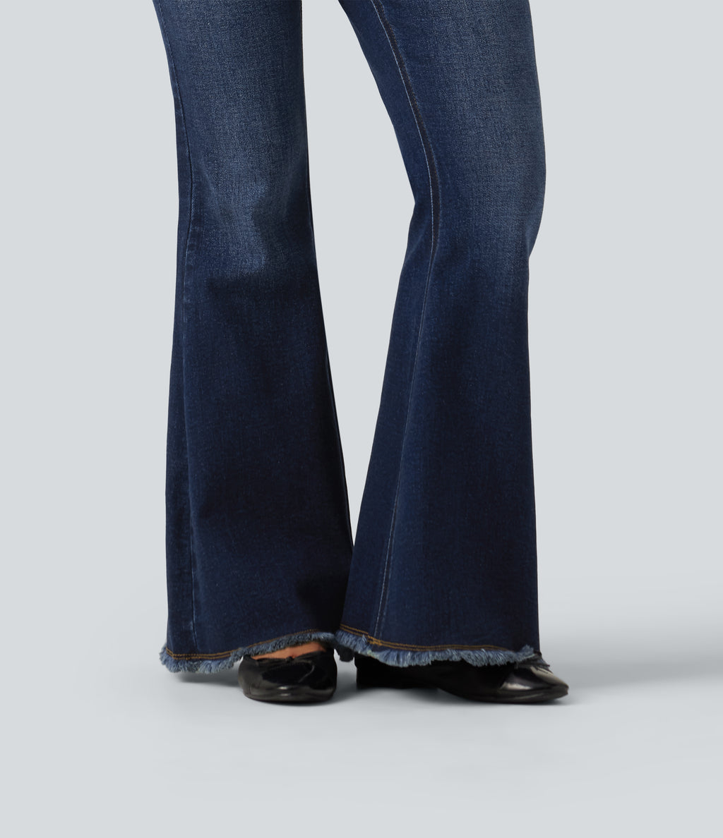 High Waisted Bootcut Raw Hem Casual Jeans with Pockets — Estate Blue Denim — view 6