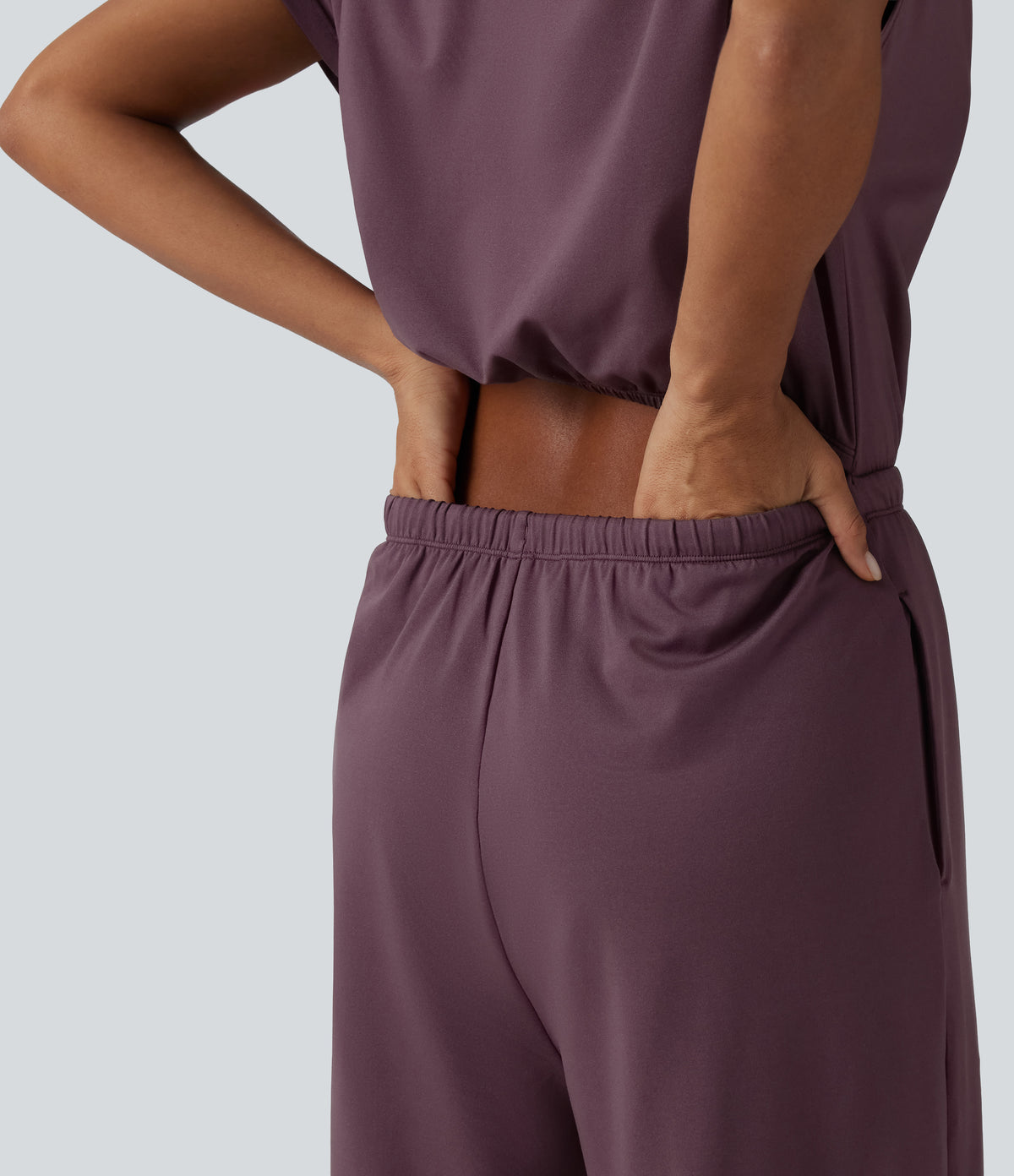 One Shoulder Drawstring Built-in Bra Casual Jumpsuit with Pockets-Edition — Plum Wine — view 7