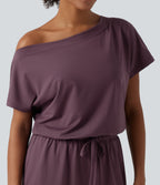 One Shoulder Drawstring Built-in Bra Casual Jumpsuit with Pockets-Edition — Plum Wine — view 5