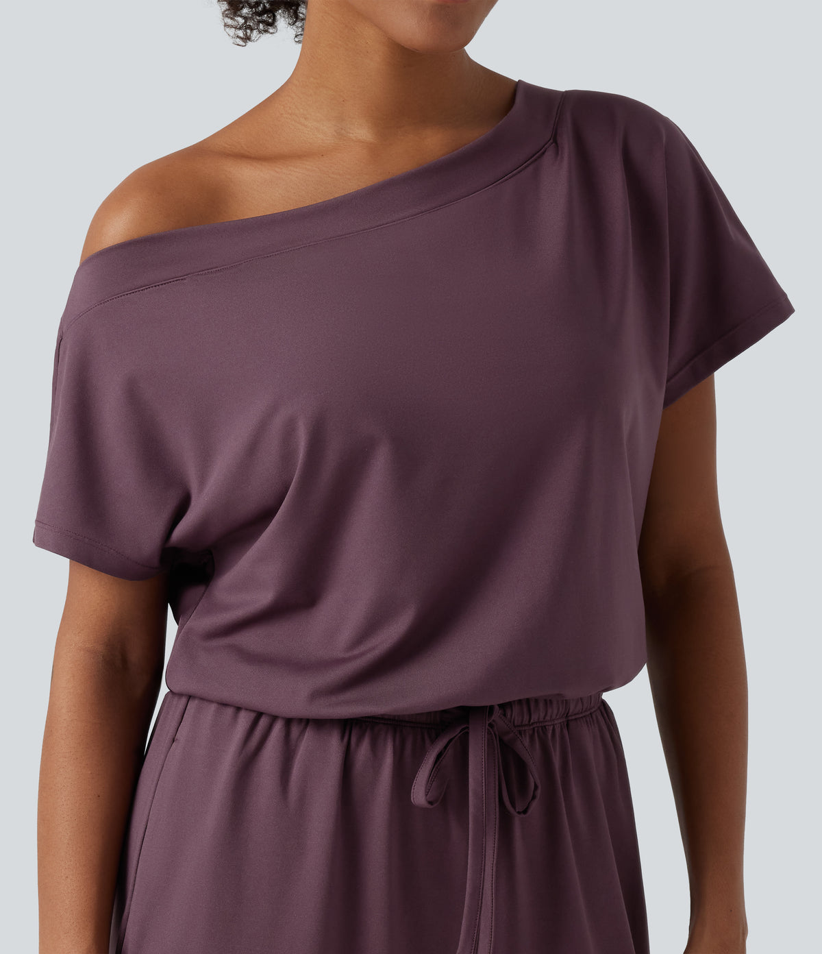 One Shoulder Drawstring Built-in Bra Casual Jumpsuit with Pockets-Edition — Plum Wine — view 5