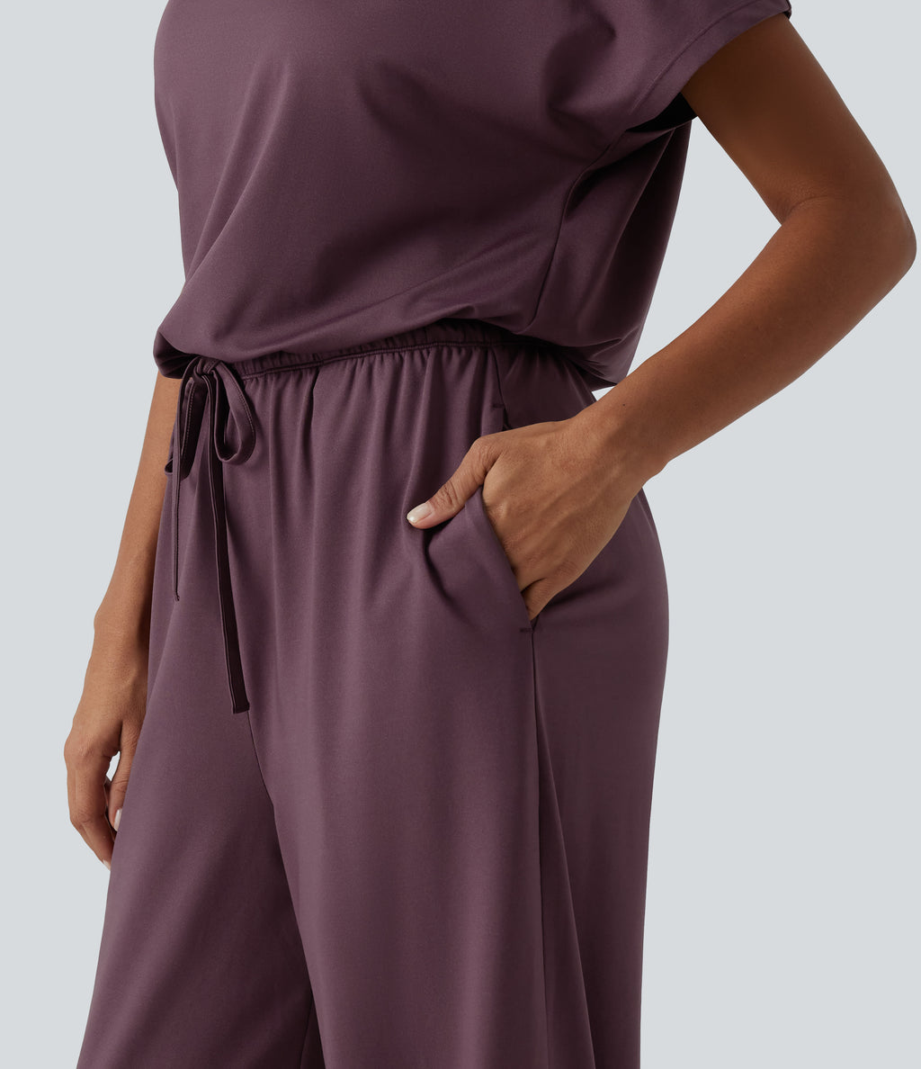 One Shoulder Drawstring Built-in Bra Casual Jumpsuit with Pockets-Edition — Plum Wine — view 6
