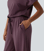 One Shoulder Drawstring Built-in Bra Casual Jumpsuit with Pockets-Edition — Plum Wine — view 6