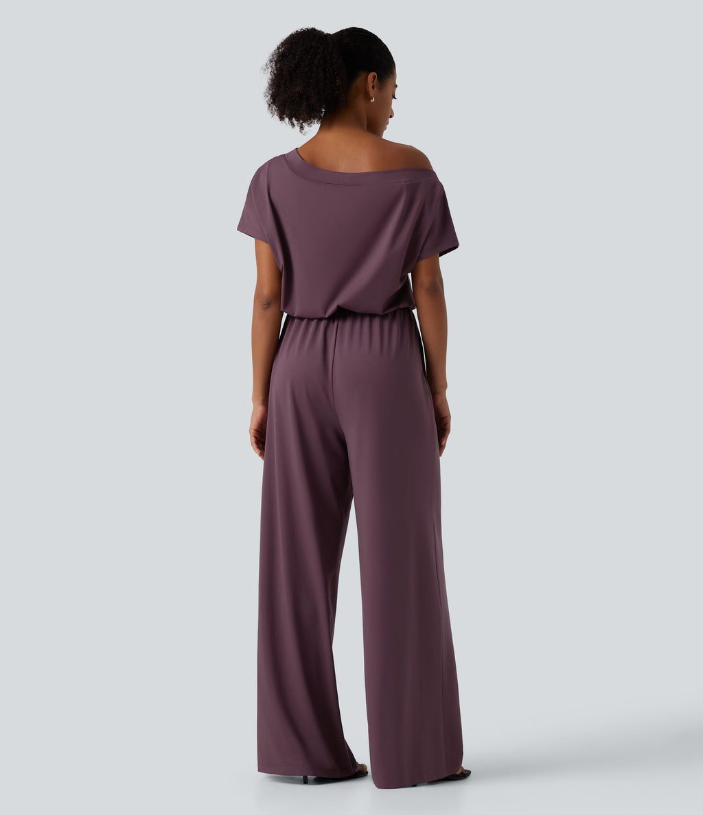 One Shoulder Drawstring Built-in Bra Casual Jumpsuit with Pockets-Edition — Plum Wine — view 2