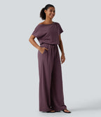 One Shoulder Drawstring Built-in Bra Casual Jumpsuit with Pockets-Edition — Plum Wine — view 3