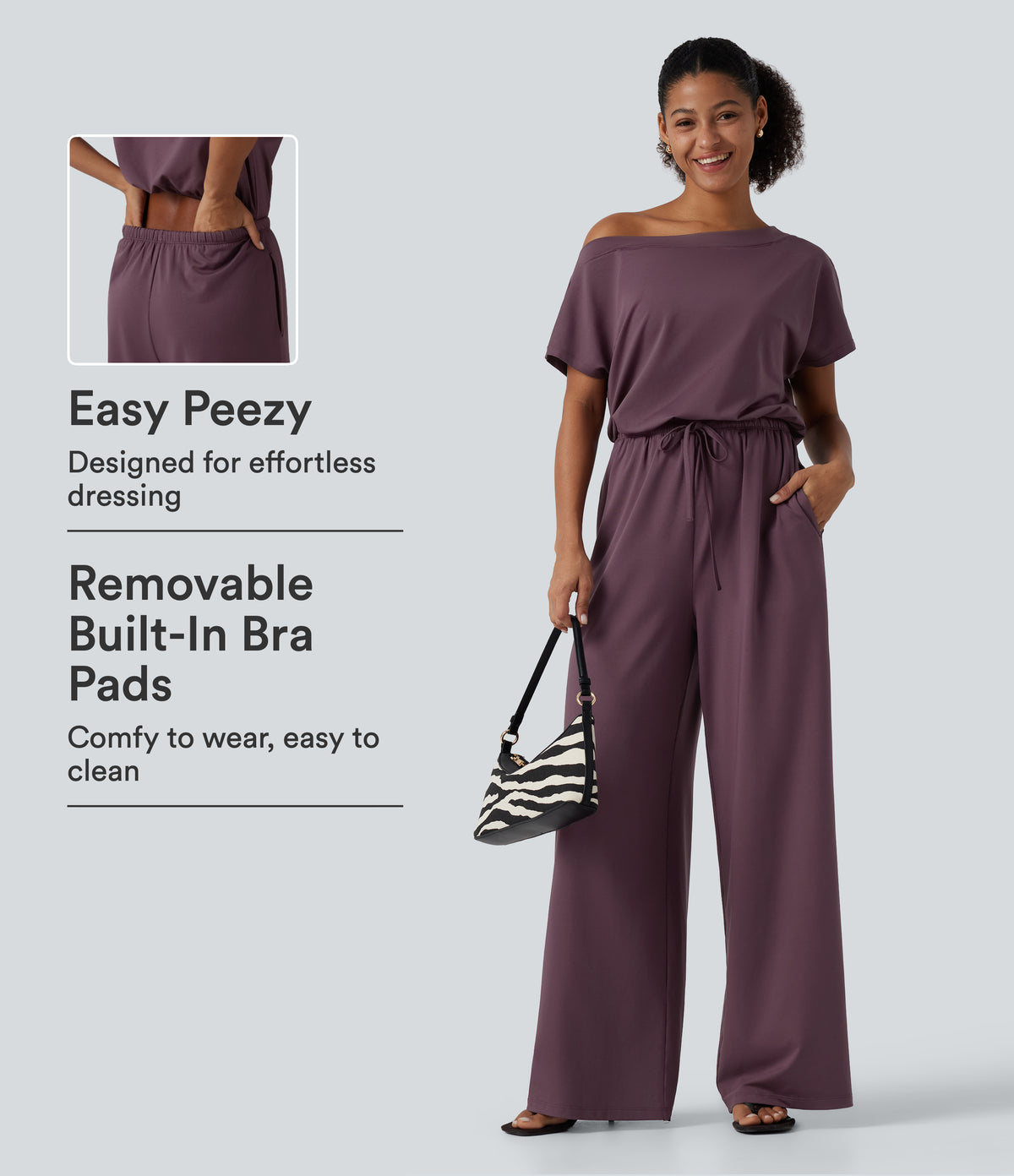 One Shoulder Drawstring Built-in Bra Casual Jumpsuit with Pockets-Edition — Plum Wine — view 1