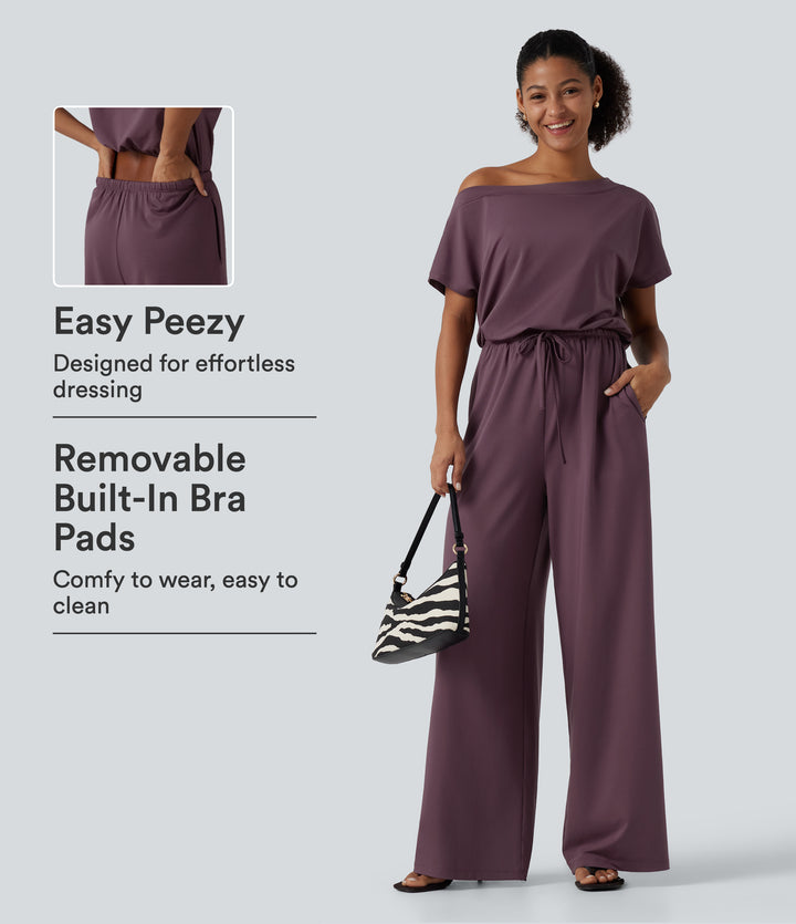 One Shoulder Drawstring Built-in Bra Casual Jumpsuit with Pockets-Edition — Plum Wine — view 1
