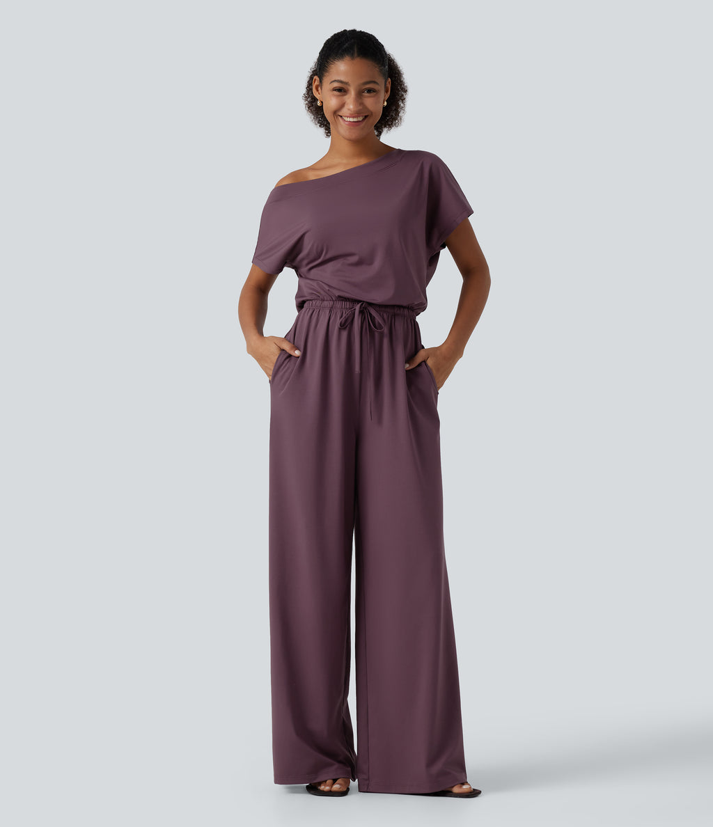 One Shoulder Drawstring Built-in Bra Casual Jumpsuit with Pockets-Edition — Plum Wine — view 4