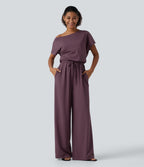 One Shoulder Drawstring Built-in Bra Casual Jumpsuit with Pockets-Edition — Plum Wine — view 4