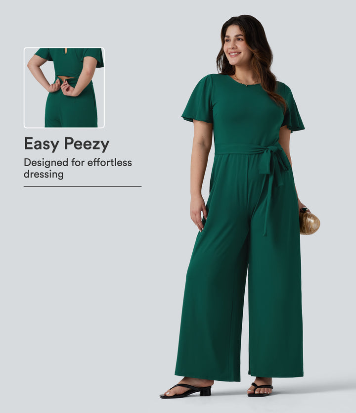 Plus Size Round Neck Short Sleeve Tie Front Wide Leg Party Jumpsuit with Pockets-Edition — Rain Forest — view 1